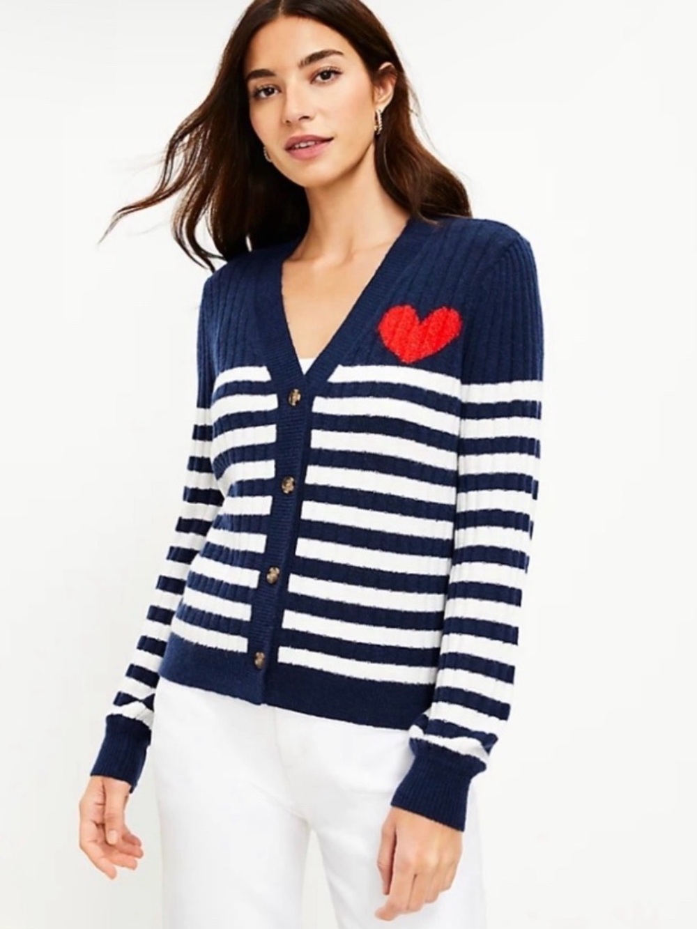 Loft Navy Stripe Heart V‑Neck Button Cardigan Sweater